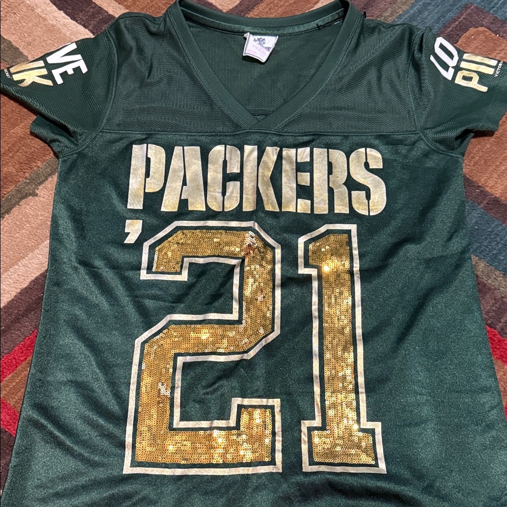 PINK Victoria's Secret Green and Gold Short Sleeve Tee